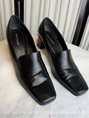 Hush Puppies Black Leather Square Toe Block Heel Pumps